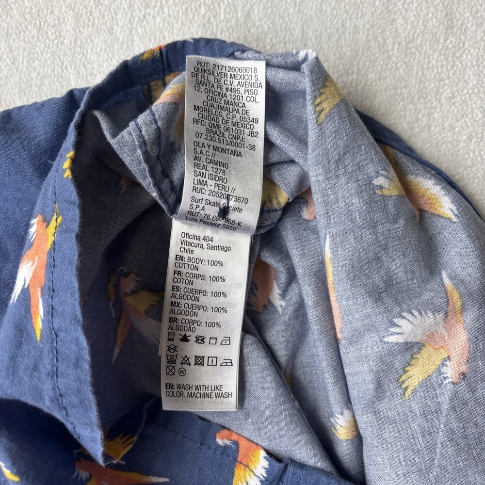 Quiksilver Button Down Shirt Mens Large Blue Tropical Bird Print Modern Fit S/S - Picture 13 of 16